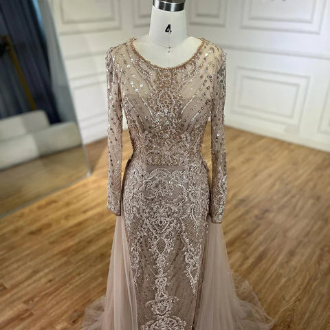 Robe de soirée sirène caramel musulmane, en solde, sans retour ni remboursement, 2025, avec surjupe luxueuse et perlée, élégante pour femme, LA71558 