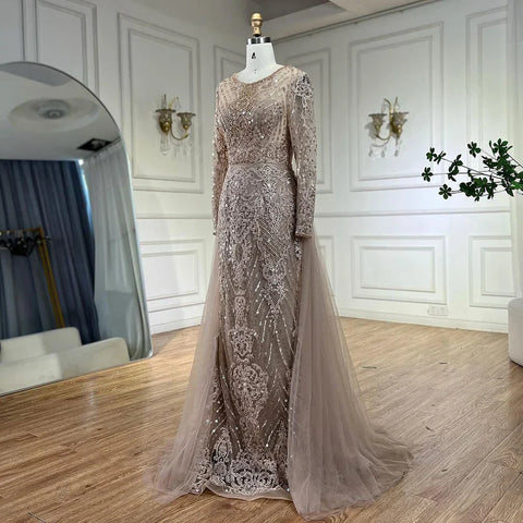 Robe de soirée sirène caramel musulmane, en solde, sans retour ni remboursement, 2025, avec surjupe luxueuse et perlée, élégante pour femme, LA71558 