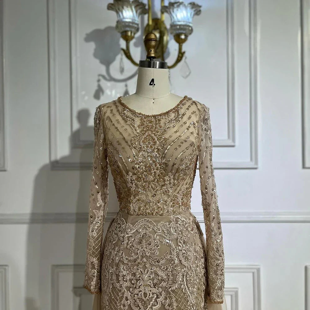 On Sale no return no refund Muslim Caramel Mermaid Evening Dresses Gowns 2025 Overskirt Luxury Beaded Elegant For Woman Party LA71558