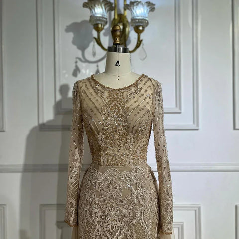 Robe de soirée sirène caramel musulmane, en solde, sans retour ni remboursement, 2025, avec surjupe luxueuse et perlée, élégante pour femme, LA71558 