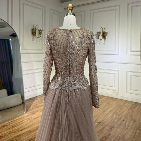 Robe de soirée sirène caramel musulmane, en solde, sans retour ni remboursement, 2025, avec surjupe luxueuse et perlée, élégante pour femme, LA71558 