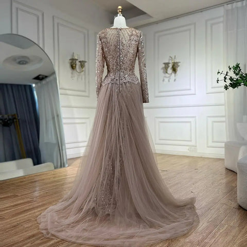 Robe de soirée sirène caramel musulmane, en solde, sans retour ni remboursement, 2025, avec surjupe luxueuse et perlée, élégante pour femme, LA71558 