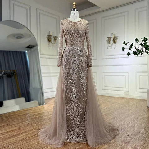 Robe de soirée sirène caramel musulmane, en solde, sans retour ni remboursement, 2025, avec surjupe luxueuse et perlée, élégante pour femme, LA71558 