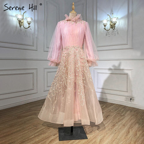 Muslim Champagne Luxury Evening Dresses Gowns 2025 Lantern Sleeves A-Line For Women Party LA71035