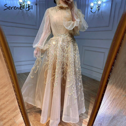 Muslim Champagne Luxury Evening Dresses Gowns 2025 Lantern Sleeves A-Line For Women Party LA71035