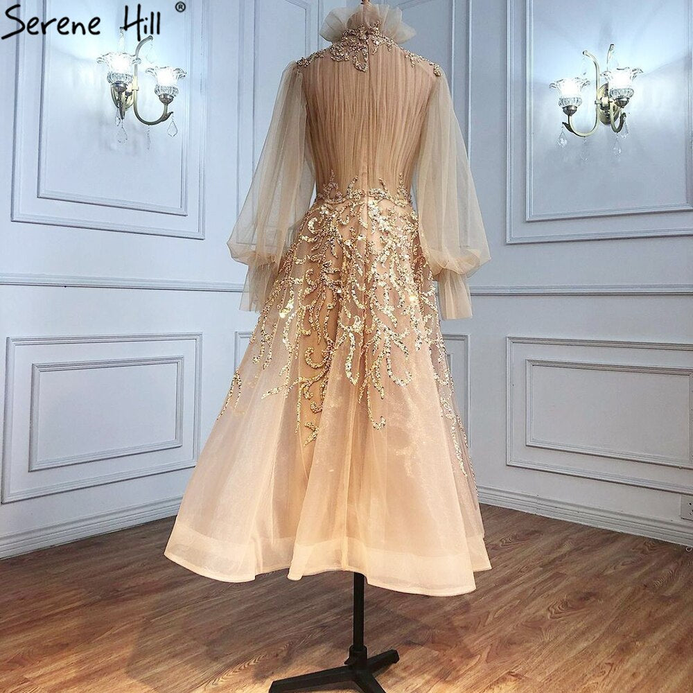 Muslim Champagne Luxury Evening Dresses Gowns 2025 Lantern Sleeves A-Line For Women Party LA71035