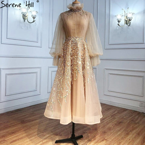 Muslim Champagne Luxury Evening Dresses Gowns 2025 Lantern Sleeves A-Line For Women Party LA71035