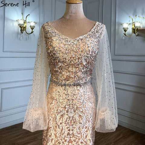 Muslim Champagne Luxury Evening Dresses Gowns 2025 Mermaid Elegant Beaded For Women Wedding Party LA71225