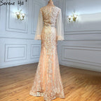 Muslim Champagne Luxury Evening Dresses Gowns 2025 Mermaid Elegant Beaded For Women Wedding Party LA71225