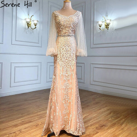 Muslim Champagne Luxury Evening Dresses Gowns 2025 Mermaid Elegant Beaded For Women Wedding Party LA71225