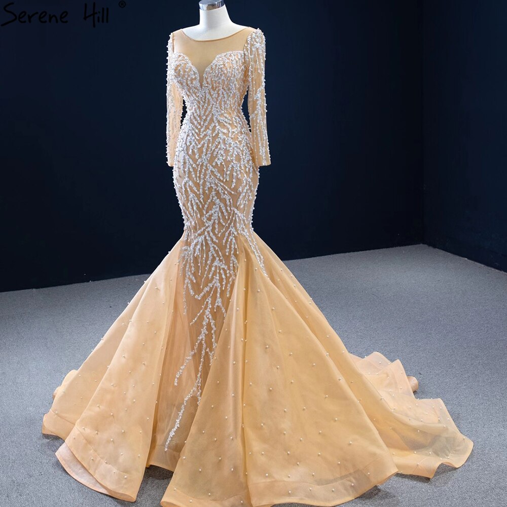Muslim Champange Mermaid Evening Dresses 2025 Luxury Beading Elegant Party   Gowns For Women HM67211