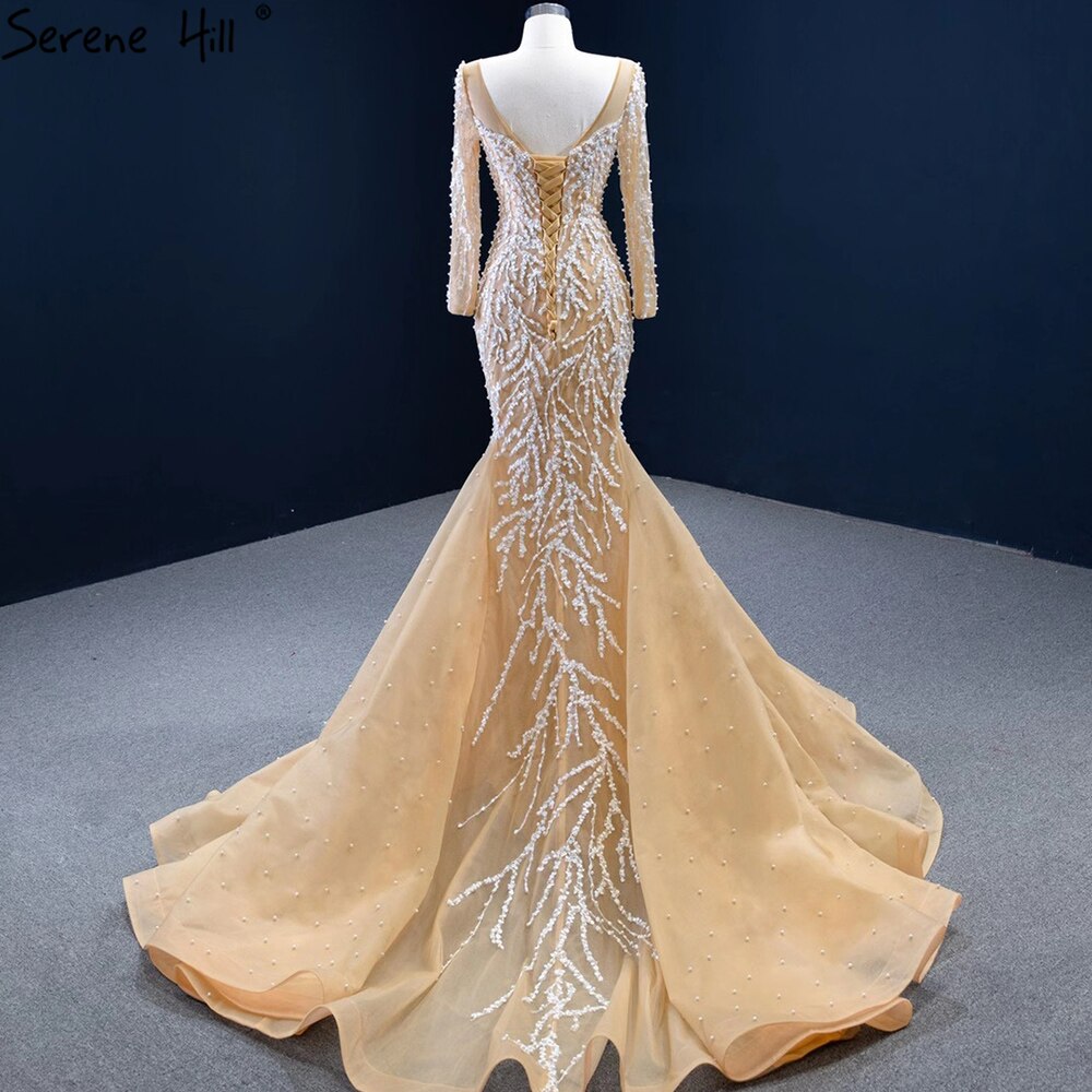 Muslim Champange Mermaid Evening Dresses 2025 Luxury Beading Elegant Party   Gowns For Women HM67211