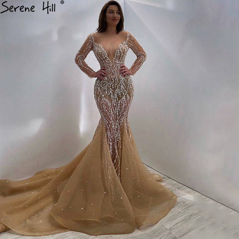 Muslim Champange Mermaid Evening Dresses 2025 Luxury Beading Elegant Party   Gowns For Women HM67211