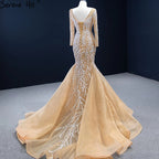 Muslim Champange Mermaid Evening Dresses 2025 Luxury Beading Elegant Party   Gowns For Women HM67211