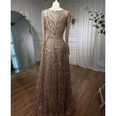 Muslim Designer Luxury Caramel A Line V Neck Beaded Evening Dresses Gowns For Women Wedding Party 2025 LA71940