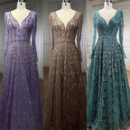 Muslim Designer Luxury Caramel A Line V Neck Beaded Evening Dresses Gowns For Women Wedding Party 2025 LA71940