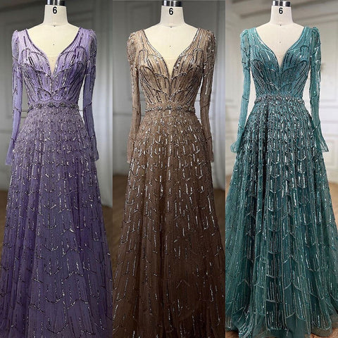 Muslim Designer Luxury Caramel A Line V Neck Beaded Evening Dresses Gowns For Women Wedding Party 2025 LA71940