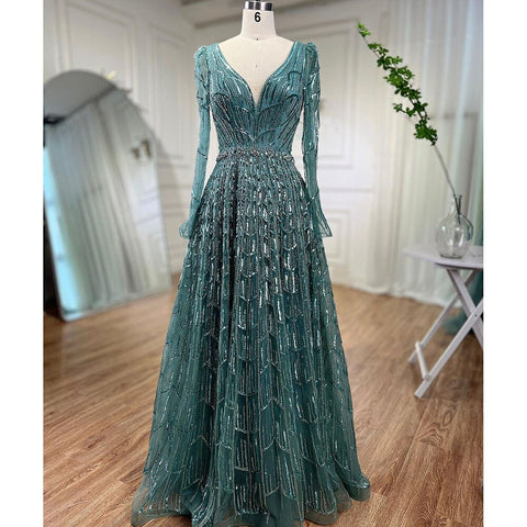 Muslim Designer Luxury Caramel A Line V Neck Beaded Evening Dresses Gowns For Women Wedding Party 2025 LA71940