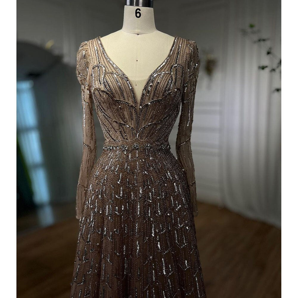 Muslim Designer Luxury Caramel A Line V Neck Beaded Evening Dresses Gowns For Women Wedding Party 2025 LA71940