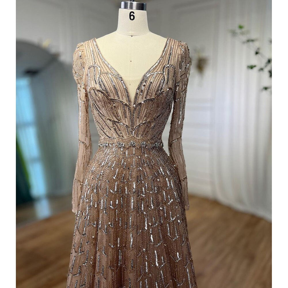 Muslim Designer Luxury Caramel A Line V Neck Beaded Evening Dresses Gowns For Women Wedding Party 2025 LA71940