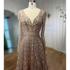 Muslim Designer Luxury Caramel A Line V Neck Beaded Evening Dresses Gowns For Women Wedding Party 2025 LA71940