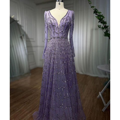 Muslim Designer Luxury Caramel A Line V Neck Beaded Evening Dresses Gowns For Women Wedding Party 2025 LA71940