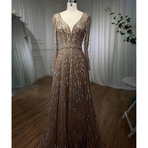 Muslim Designer Luxury Caramel A Line V Neck Beaded Evening Dresses Gowns For Women Wedding Party 2025 LA71940