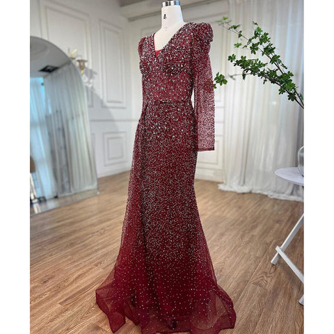 Muslim Designer Luxury Wine Red Mermaid V Neck Beaded Evening Dresses Gowns For Women Wedding Party 2025 LA72148