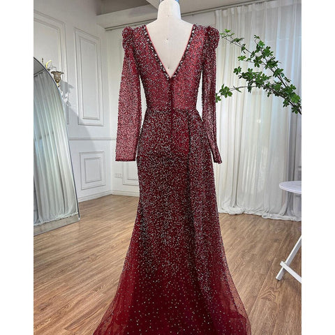 Muslim Designer Luxury Wine Red Mermaid V Neck Beaded Evening Dresses Gowns For Women Wedding Party 2025 LA72148