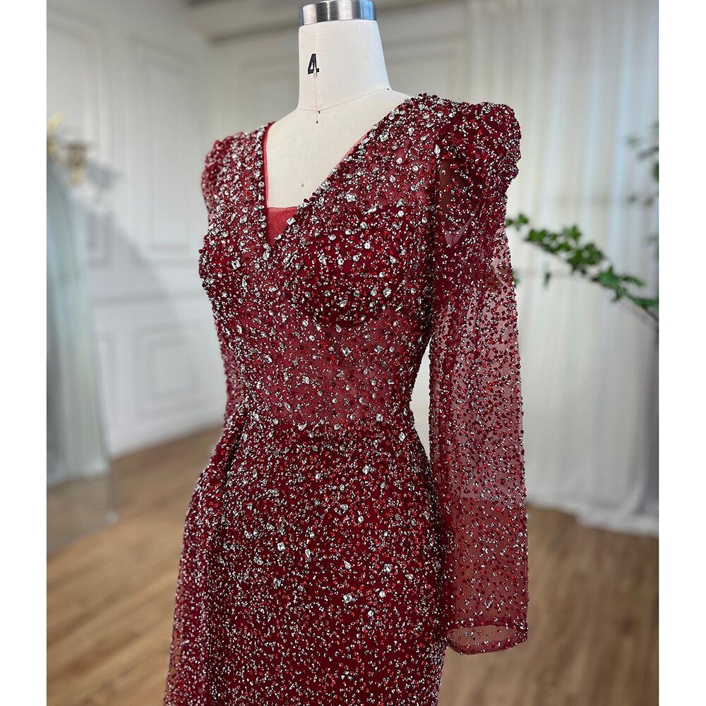 Muslim Designer Luxury Wine Red Mermaid V Neck Beaded Evening Dresses Gowns For Women Wedding Party 2025 LA72148