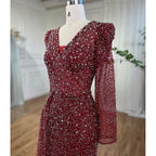 Muslim Designer Luxury Wine Red Mermaid V Neck Beaded Evening Dresses Gowns For Women Wedding Party 2025 LA72148