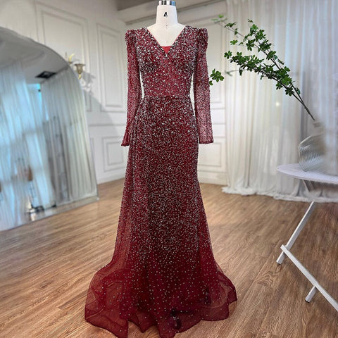 Muslim Designer Luxury Wine Red Mermaid V Neck Beaded Evening Dresses Gowns For Women Wedding Party 2025 LA72148