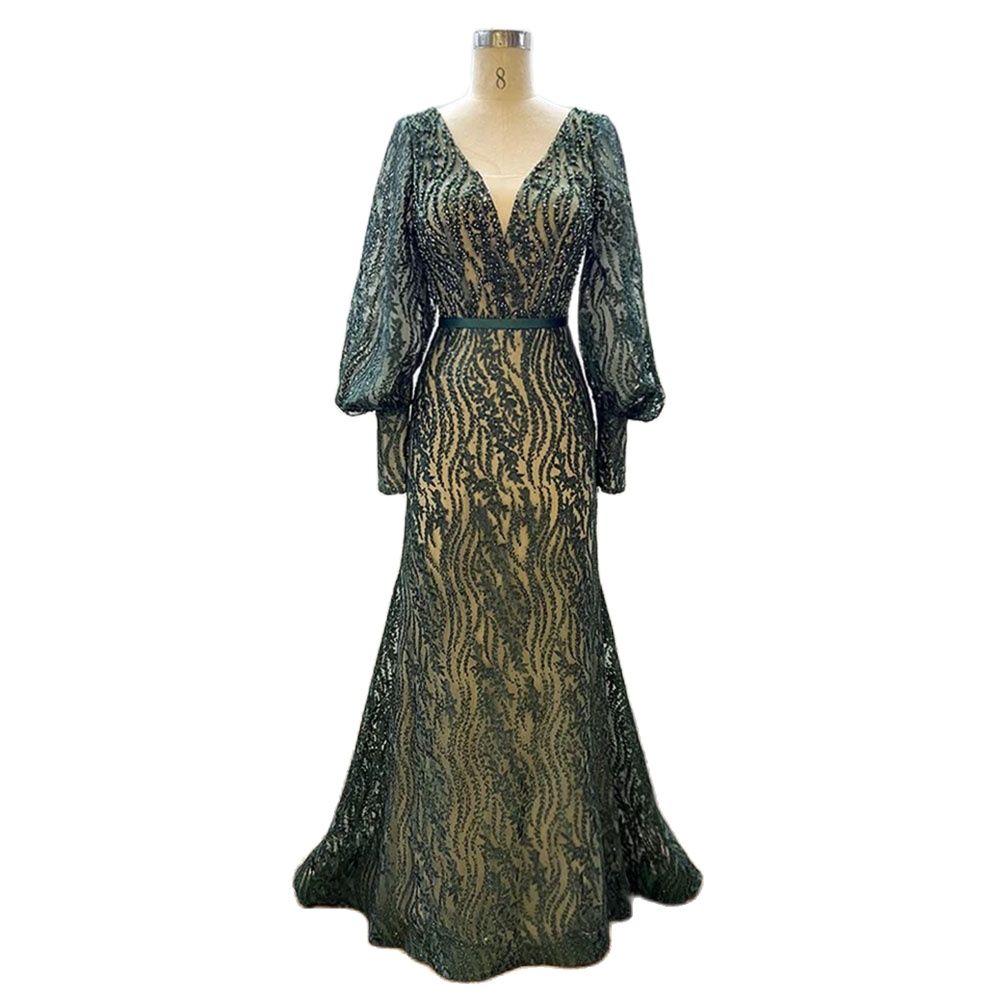 Muslim Elegant Puff Sleeves Green Mermaid V-Neck  Luxury Beaded Evening Dresses Gowns For Women Party 2025 LA71800