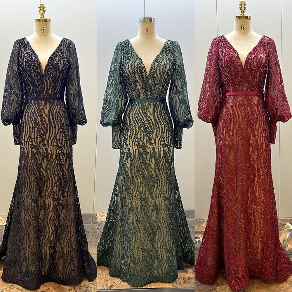 Muslim Elegant Puff Sleeves Green Mermaid V-Neck  Luxury Beaded Evening Dresses Gowns For Women Party 2025 LA71800