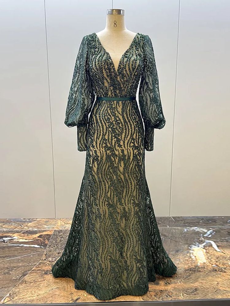 Muslim Elegant Puff Sleeves Green Mermaid V-Neck  Luxury Beaded Evening Dresses Gowns For Women Party 2025 LA71800