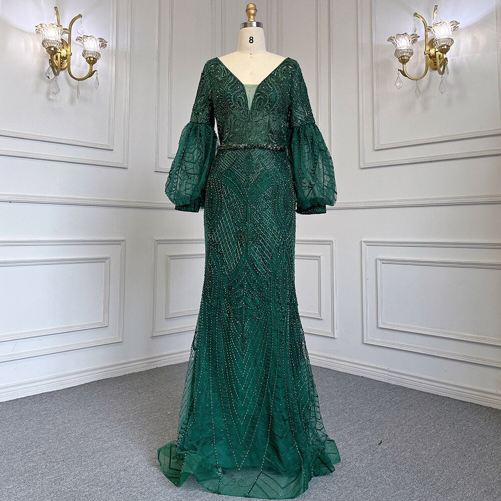 Muslim Elegant Puff Sleeves Green Mermaid V-Neck  Luxury Beaded Evening Dresses Gowns For Women Party 2025 LA71800