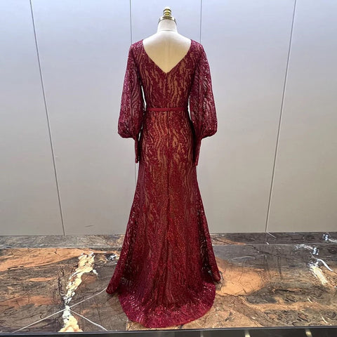 Muslim Elegant Puff Sleeves Green Mermaid V-Neck  Luxury Beaded Evening Dresses Gowns For Women Party 2025 LA71800