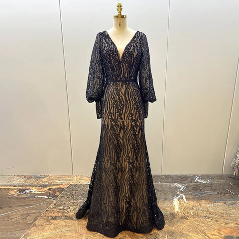 Muslim Elegant Puff Sleeves Green Mermaid V-Neck  Luxury Beaded Evening Dresses Gowns For Women Party 2025 LA71800