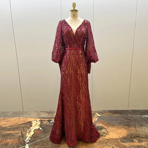 Muslim Elegant Puff Sleeves Green Mermaid V-Neck  Luxury Beaded Evening Dresses Gowns For Women Party 2025 LA71800