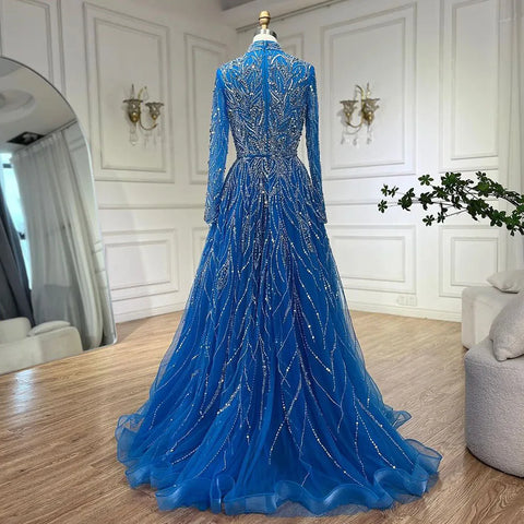 Muslim Elegant blue A Line Beaded Luxury Dubai Evening Dresses Gowns For Women Wedding Party 2025 LA72302A