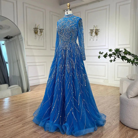 Muslim Elegant blue A Line Beaded Luxury Dubai Evening Dresses Gowns For Women Wedding Party 2025 LA72302A
