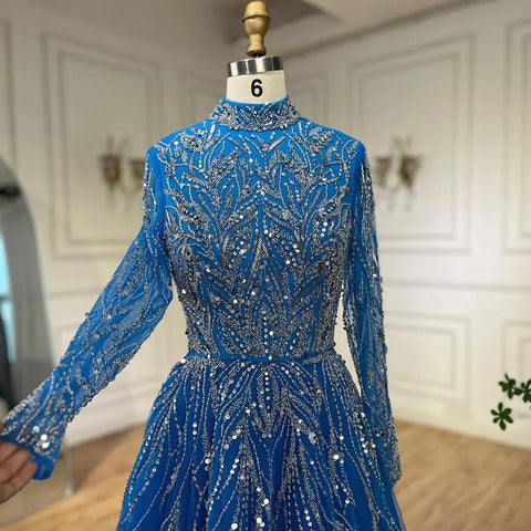 Muslim Elegant blue A Line Beaded Luxury Dubai Evening Dresses Gowns For Women Wedding Party 2025 LA72302A