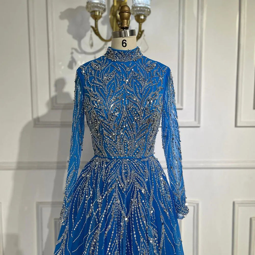 Muslim Elegant blue A Line Beaded Luxury Dubai Evening Dresses Gowns For Women Wedding Party 2025 LA72302A
