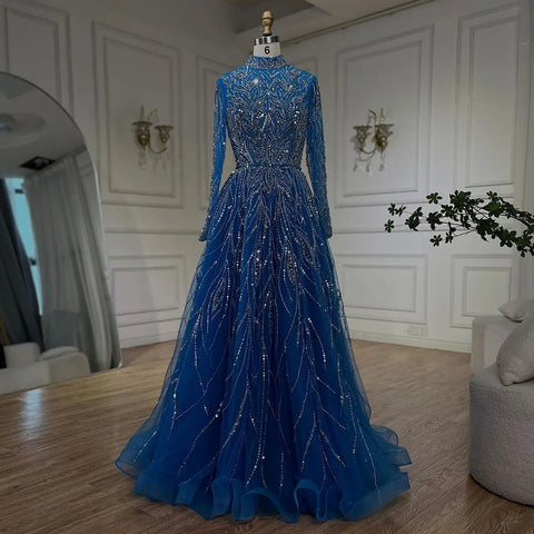 Muslim Elegant blue A Line Beaded Luxury Dubai Evening Dresses Gowns For Women Wedding Party 2025 LA72302A