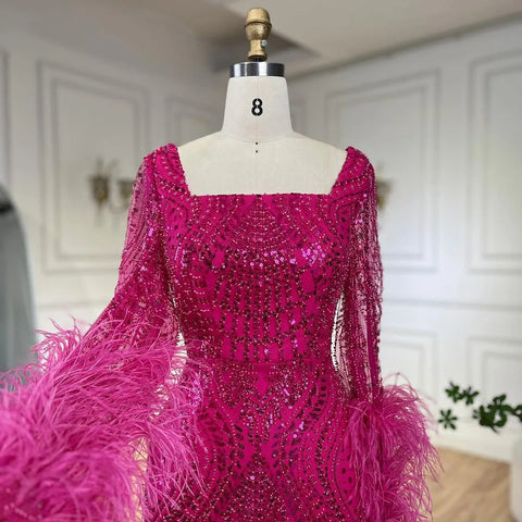 Muslim Fuchsia Luxury Beaded Feathers Mermaid Women Wedding Party Dubai Gowns Long Evening Dresses 2025 LA72565