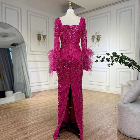 Muslim Fuchsia Luxury Beaded Feathers Mermaid Women Wedding Party Dubai Gowns Long Evening Dresses 2025 LA72565