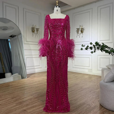 Muslim Fuchsia Luxury Beaded Feathers Mermaid Women Wedding Party Dubai Gowns Long Evening Dresses 2025 LA72565