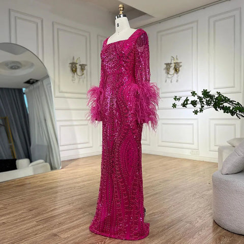 Muslim Fuchsia Luxury Beaded Feathers Mermaid Women Wedding Party Dubai Gowns Long Evening Dresses 2025 LA72565