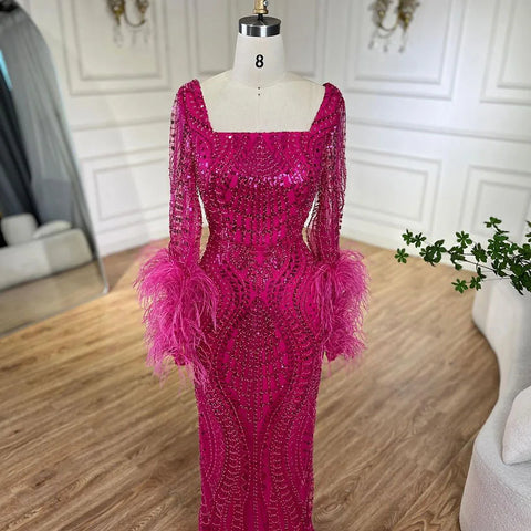 Muslim Fuchsia Luxury Beaded Feathers Mermaid Women Wedding Party Dubai Gowns Long Evening Dresses 2025 LA72565