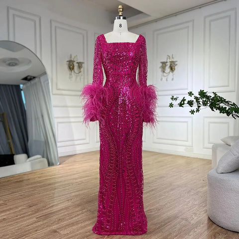 Muslim Fuchsia Luxury Beaded Feathers Mermaid Women Wedding Party Dubai Gowns Long Evening Dresses 2025 LA72565